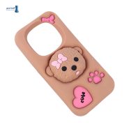 قاب سیلیکونی قهوه‌ای تیره شیائومی Redmi Note 14 Pro 4G طرح برجسته 3D پودل با پا و قلب صورتی.