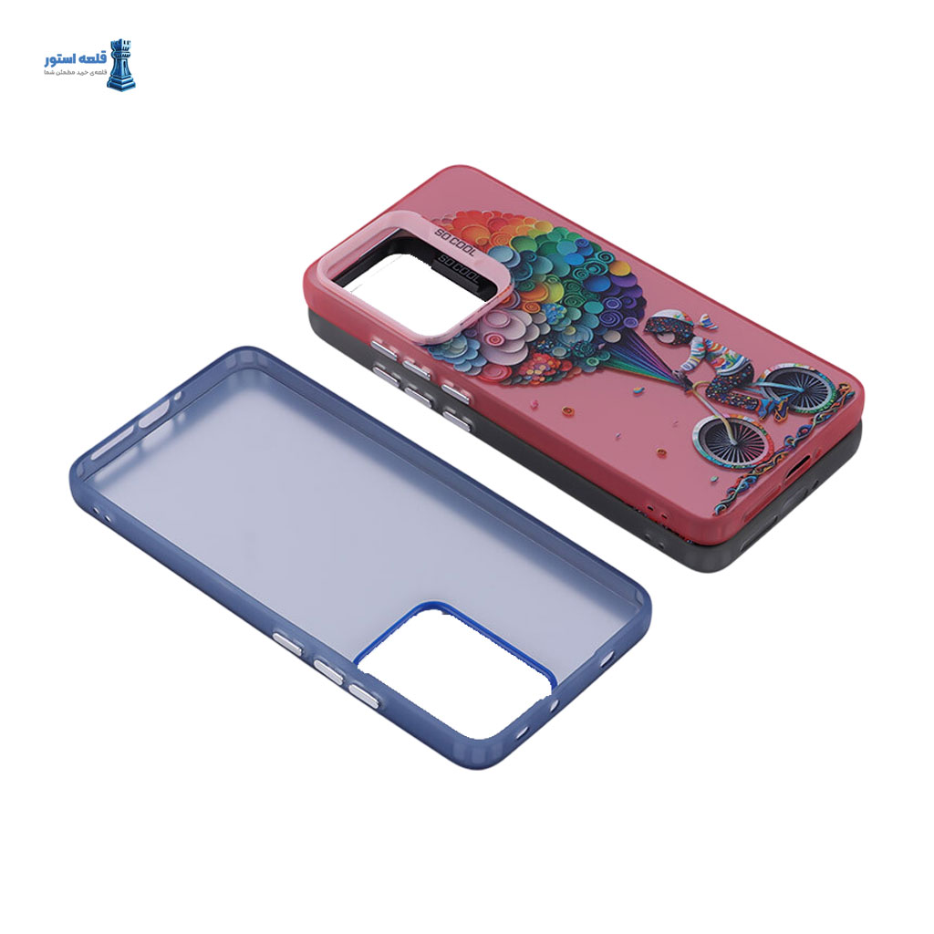 دو قاب PC سخت شیائومی Poco X7 Pro با بامپر آبی و صورتی، طرح دوچرخه سوار رنگینکمانی و نمای داخلی قاب.