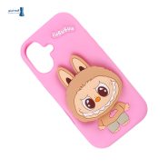 قاب سیلیکونی Labubu آیفون 16 صورتی با طرح سه‌بعدی